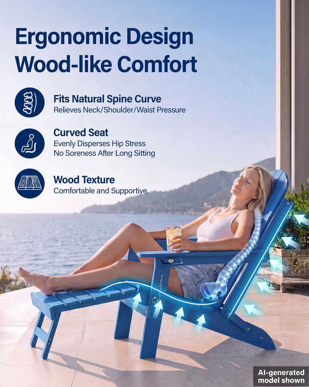 Blue HDPE Adirondack Chairs with Footrest Set of 4 Y8989