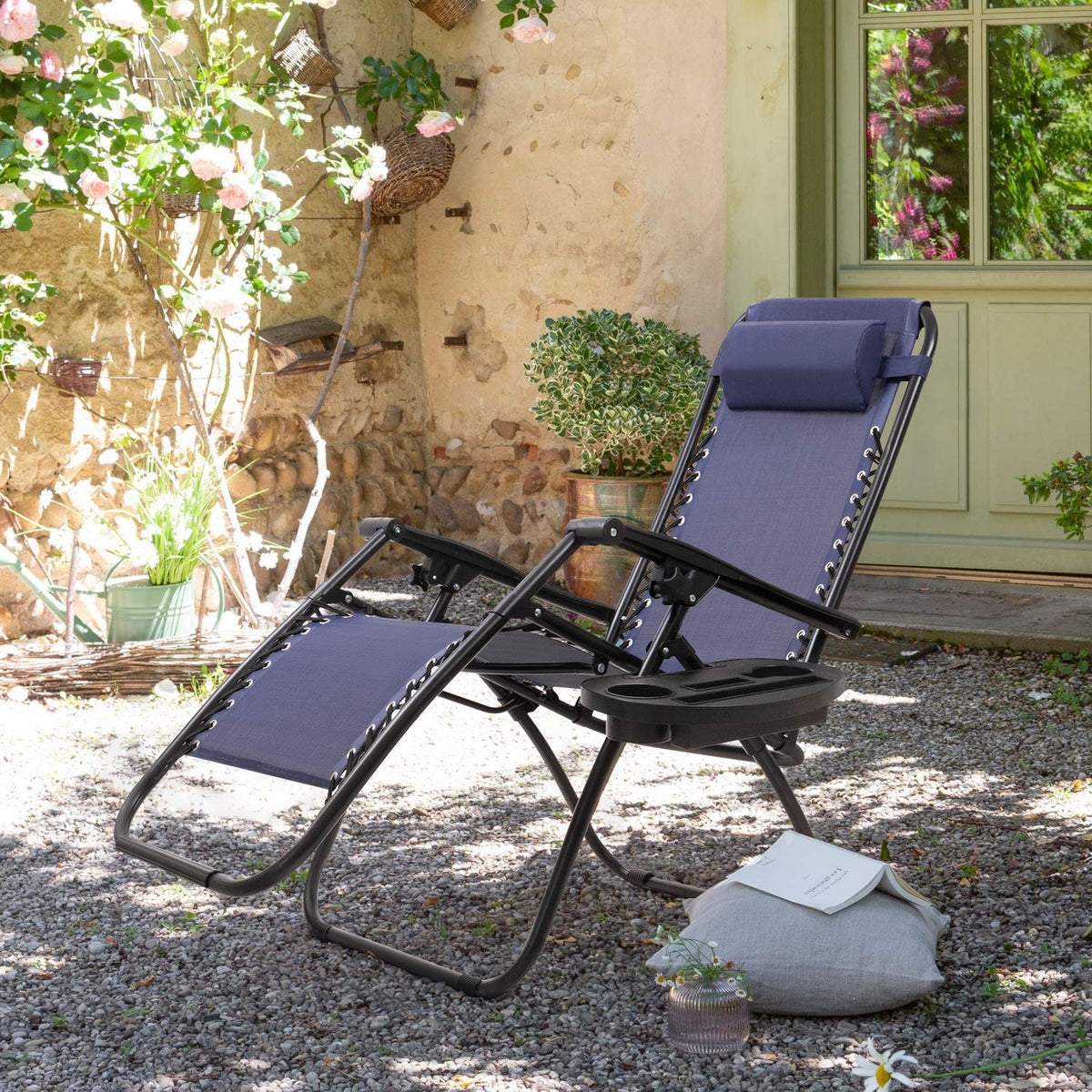 Blue Zero Gravity Folding Lounge Chairs Set of 2 with Cup Holder J853273
