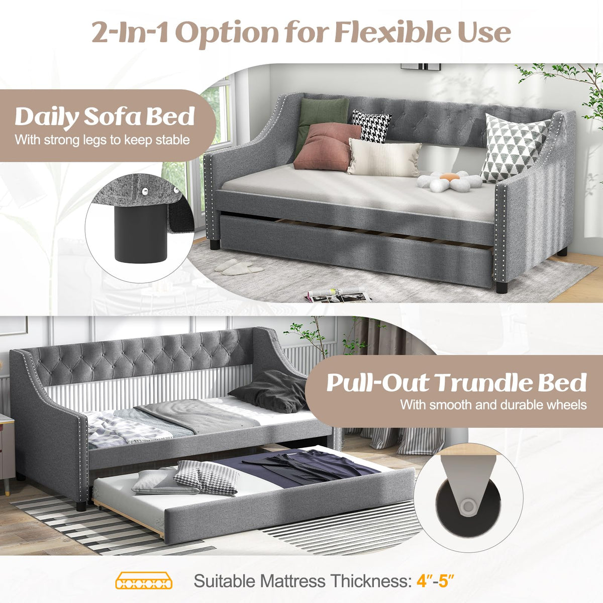 Upholstered Twin Daybed with Trundle Grey P177247