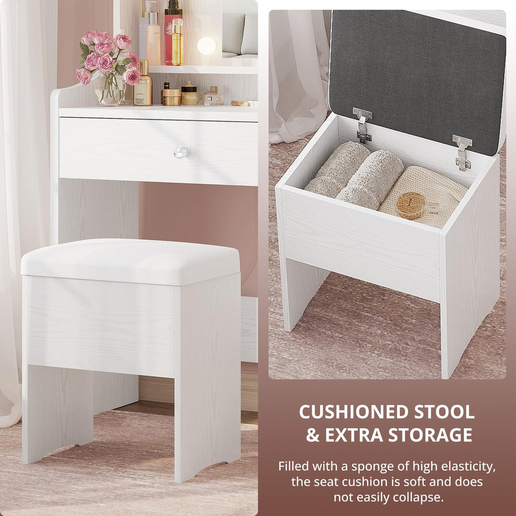 White Vanity Desk with Mirror and Storage Stool U70160