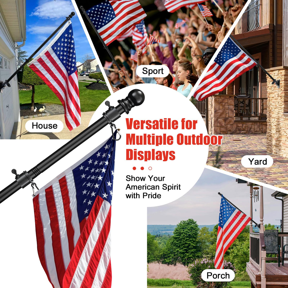 6FT Heavy Duty Tangle Free Flagpole Kit with 4x6FT Embroidered US Flag M46175
