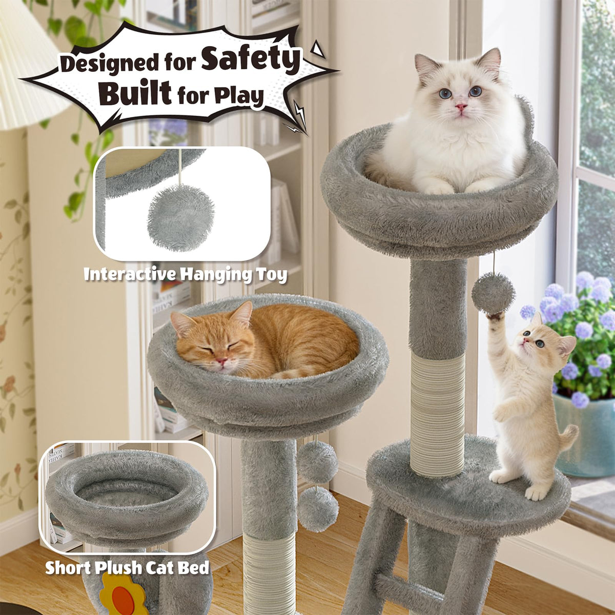 72in Gray Multi-Level Cat Tree with Transparent Capsule C526