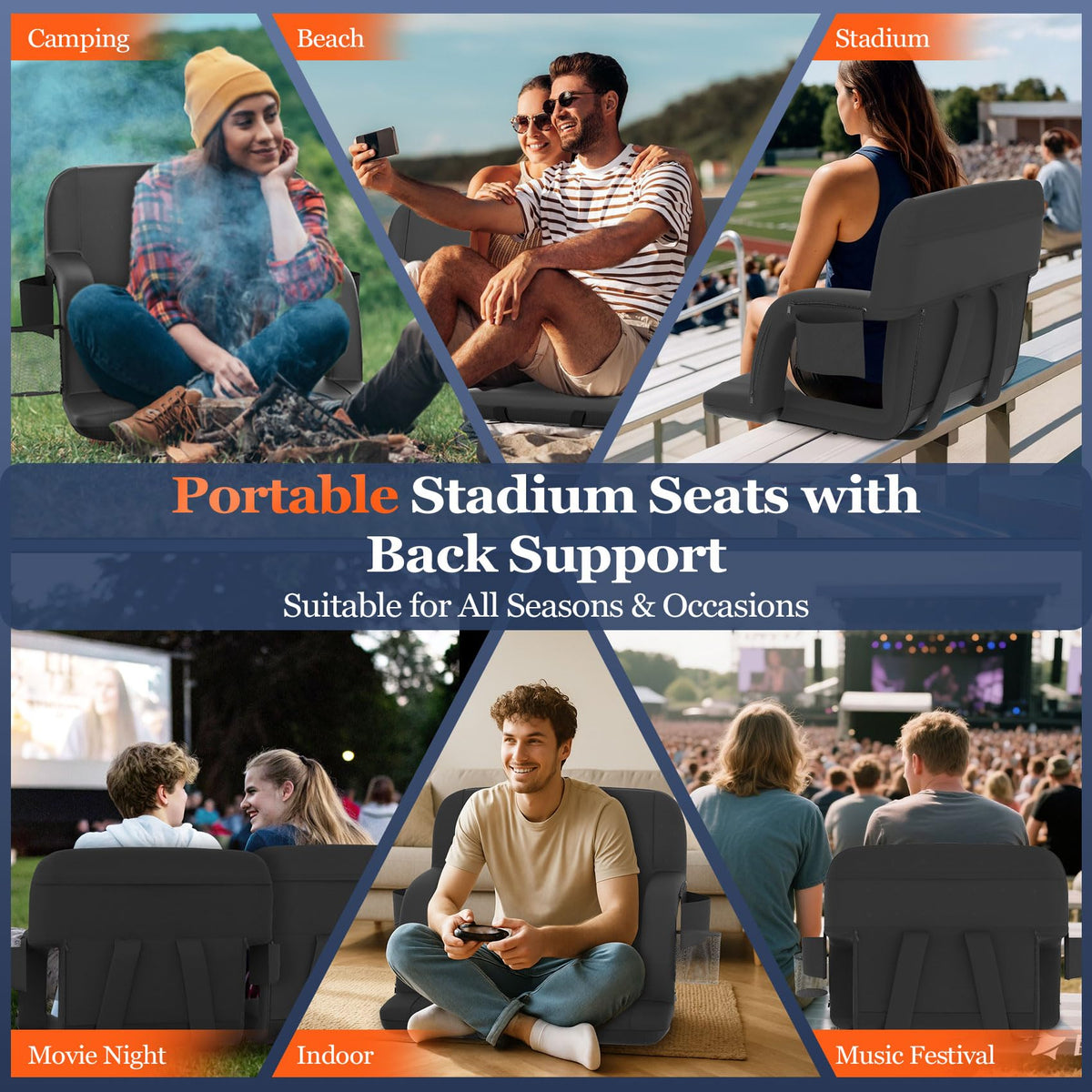 2pc Black Heated Stadium Seats with Back Support T119045