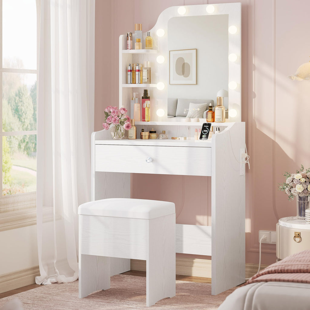 White Vanity Desk with Mirror and Storage Stool U70160