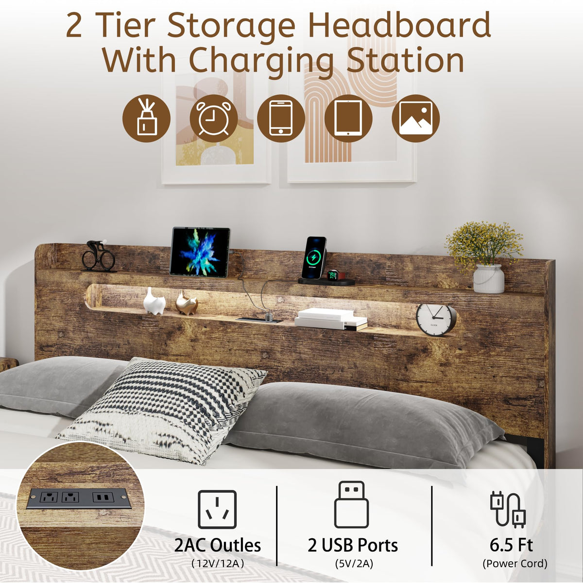 Queen Size Wood Bed Frame with Storage Headboard F931
