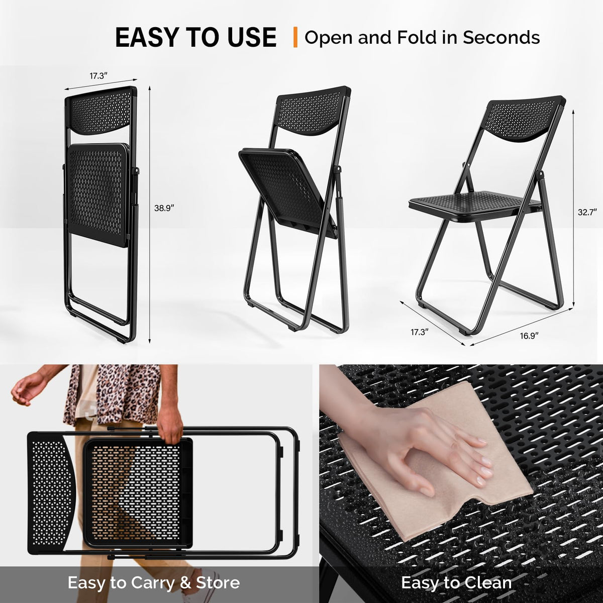Black Plastic Folding Chairs with Mesh Seat, 10 Pack B349570