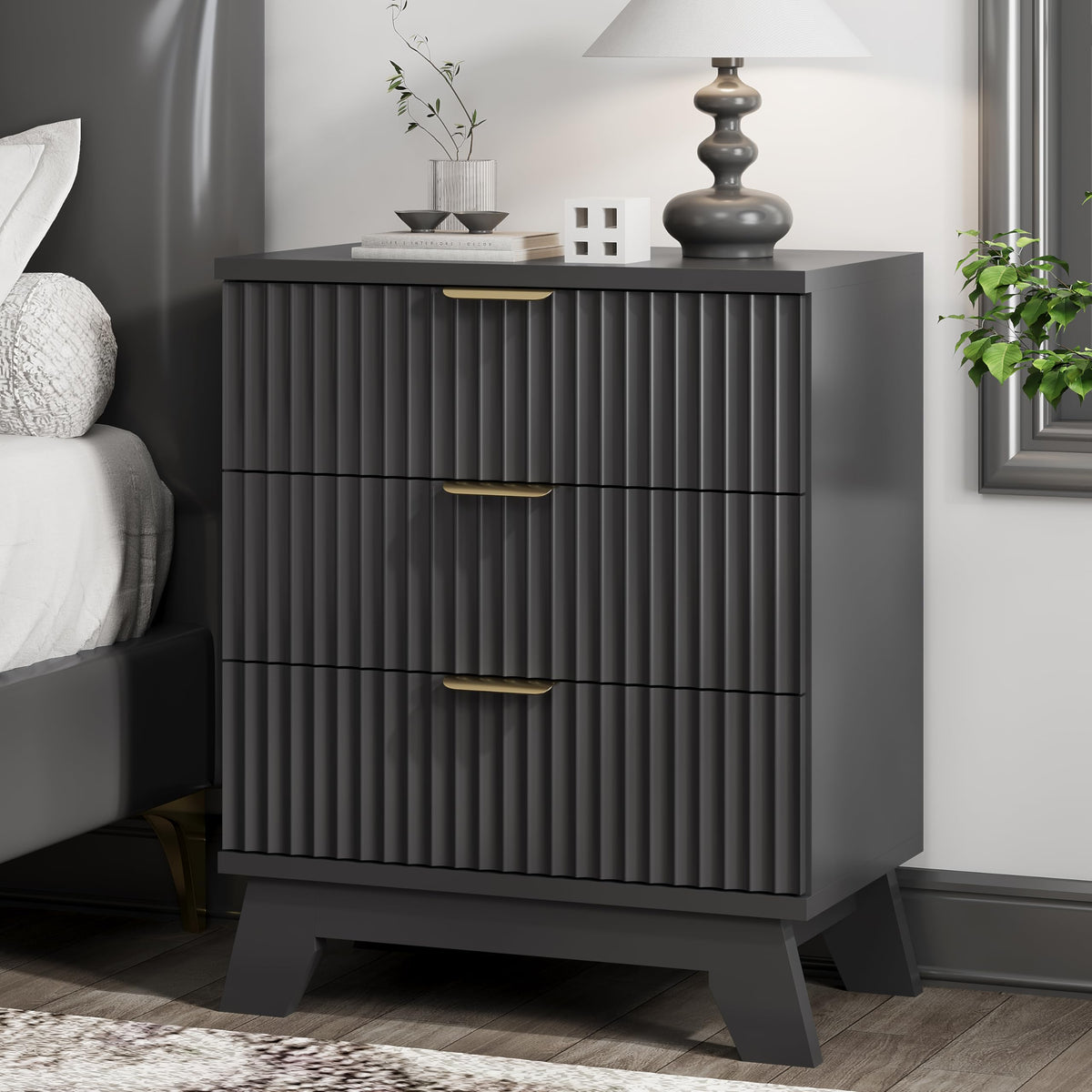 Black 3 Drawer Fluted Nightstand Y43519
