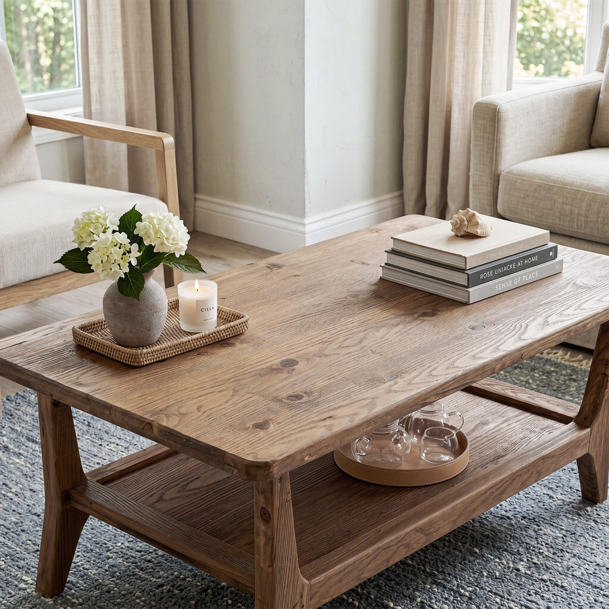 Solid Wood Coffee Table with Storage, 2-Tier Shelf T439