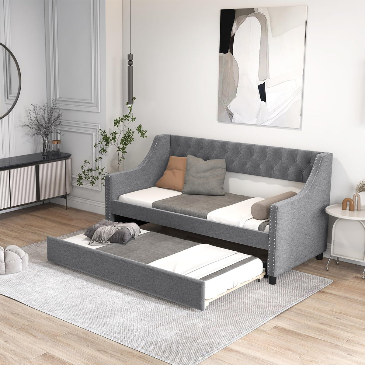 Upholstered Twin Daybed with Trundle Grey P177247