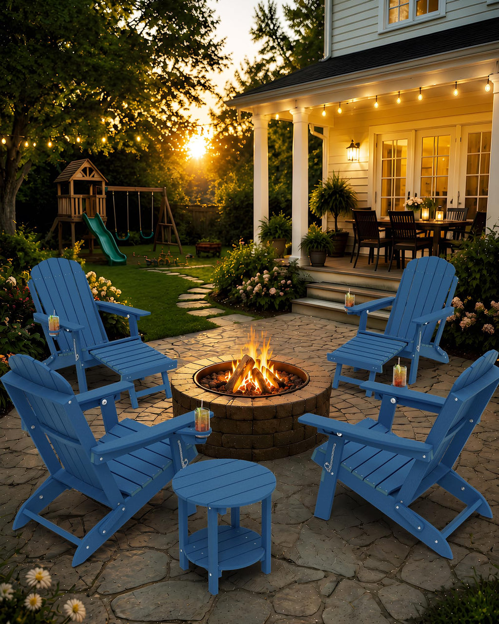 Blue HDPE Adirondack Chairs with Footrest Set of 4 Y8989