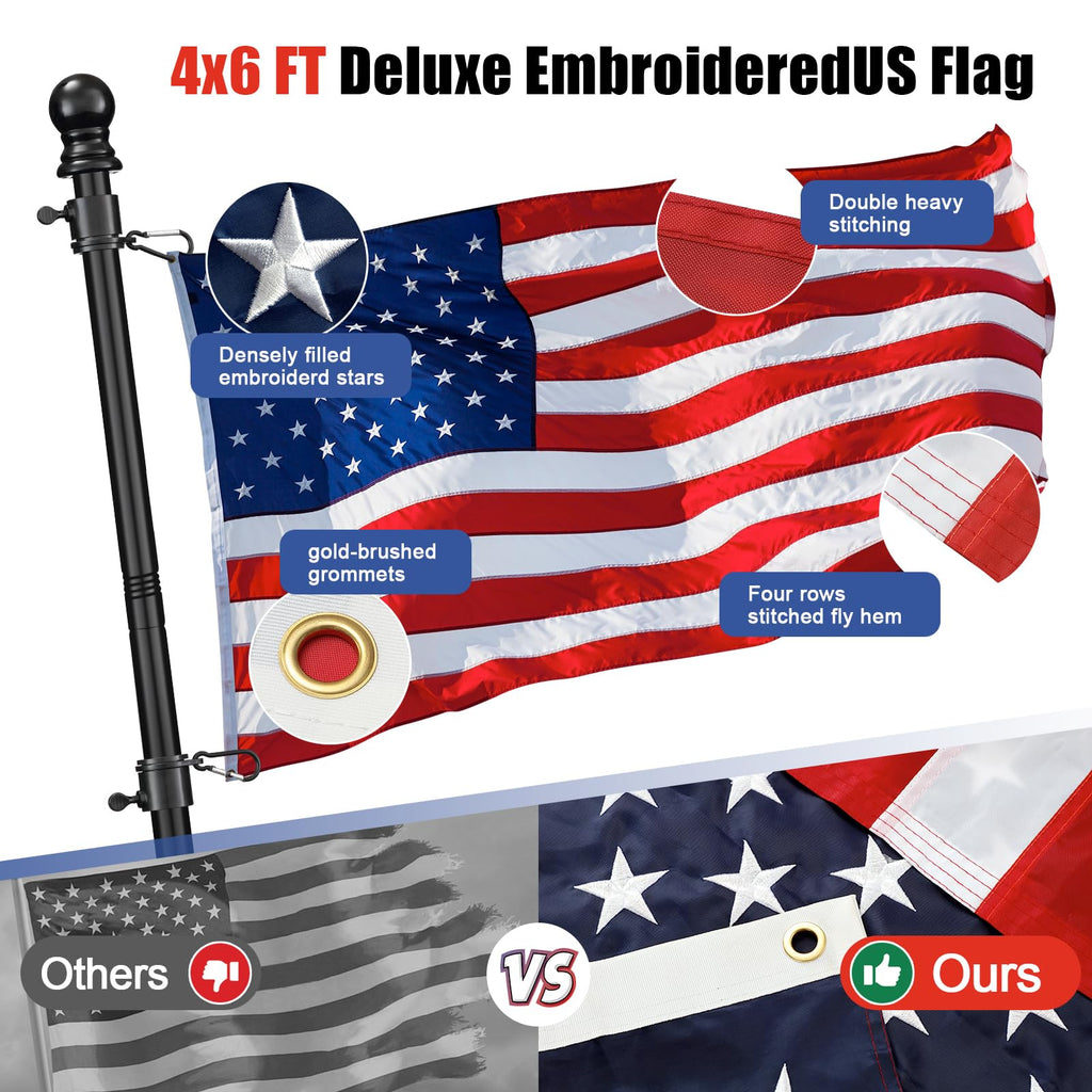 6FT Heavy Duty Tangle Free Flagpole Kit with 4x6FT Embroidered US Flag M46175