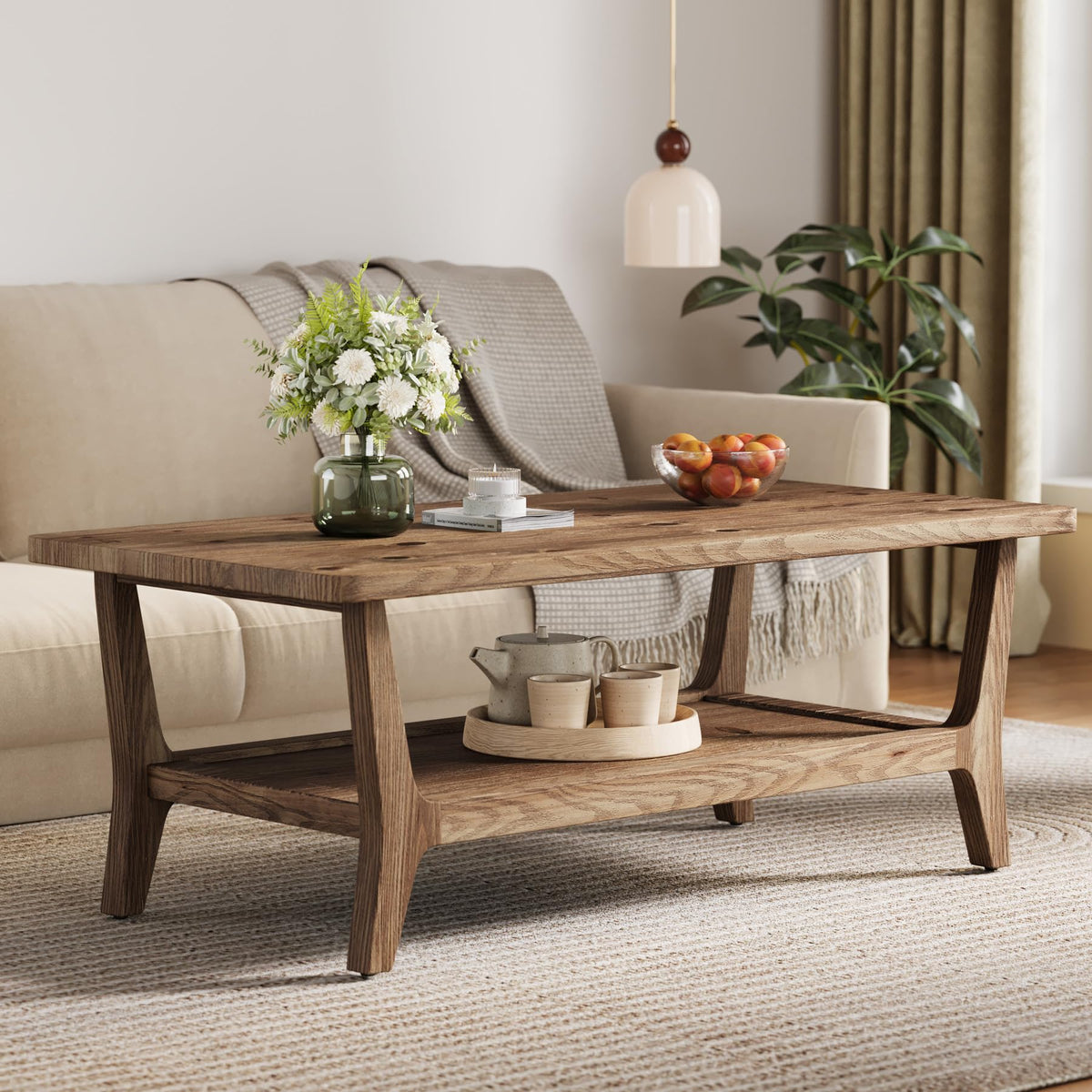 Solid Wood Coffee Table with Storage, 2-Tier Shelf T439