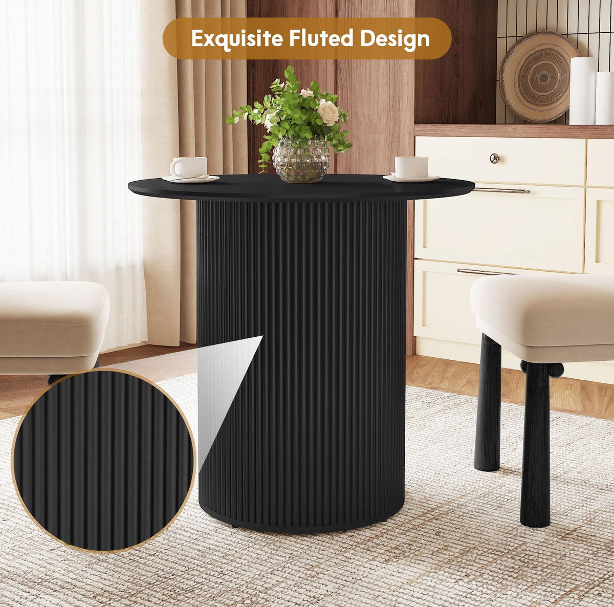 31.5" Round Dining Table with Fluted Wood Base O2714