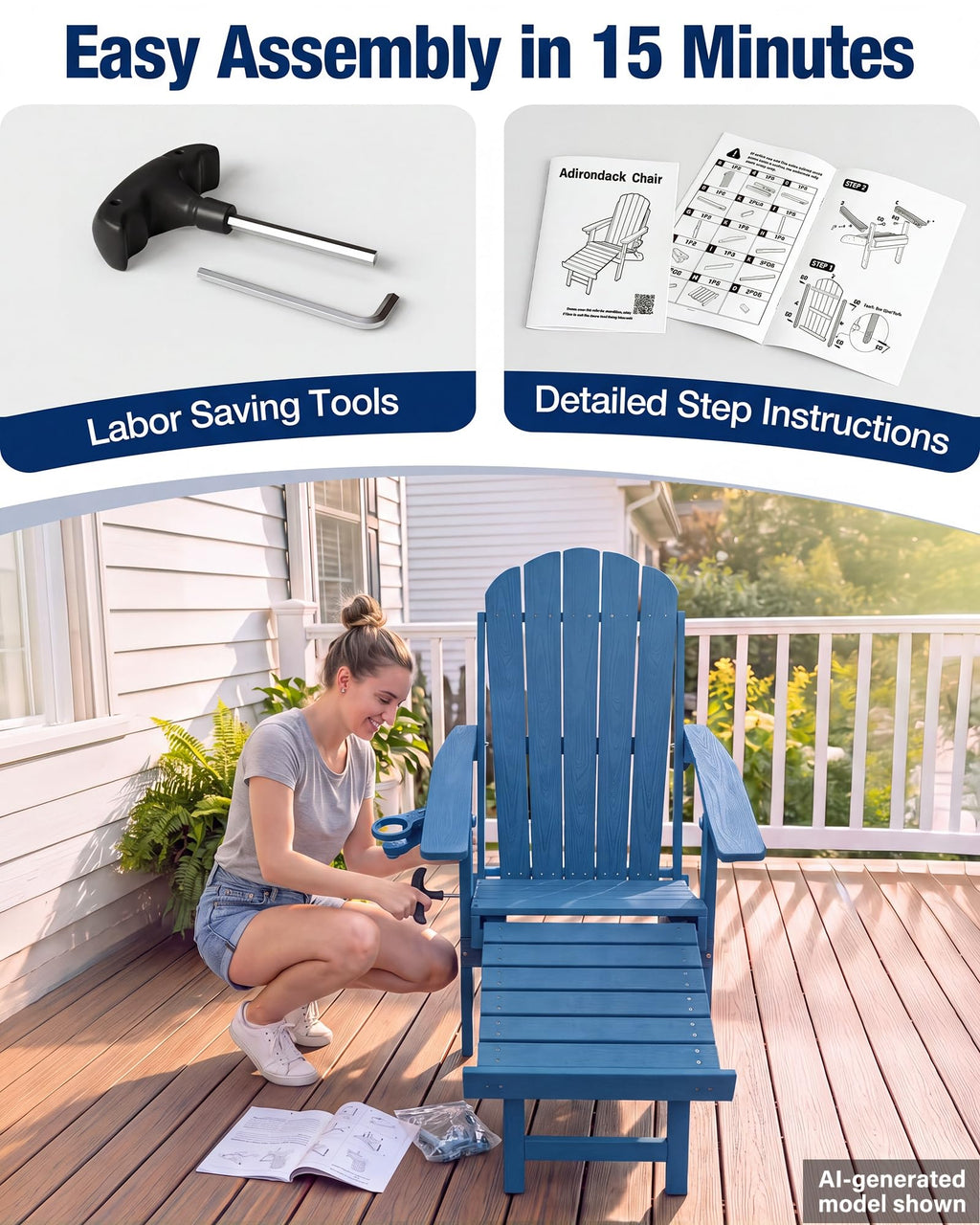 Blue HDPE Adirondack Chairs with Footrest Set of 4 Y8989