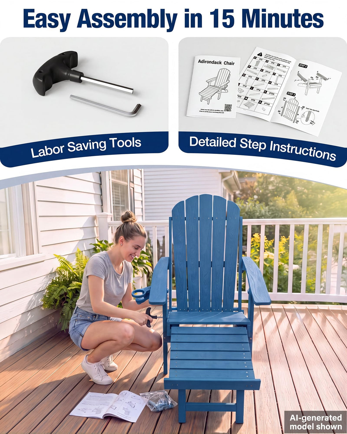 Blue HDPE Adirondack Chairs with Footrest Set of 4 Y8989