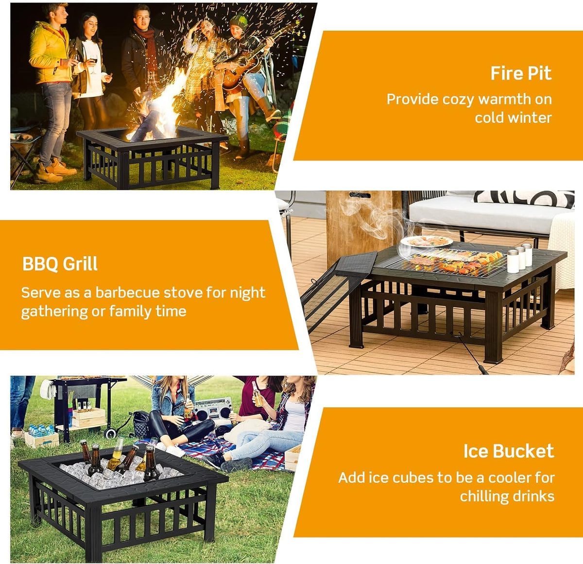 32 inch 3 in 1 Wood Burning Fire Pit Table with BBQ Grill M35835