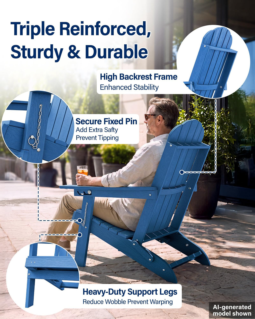 Blue HDPE Adirondack Chairs with Footrest Set of 4 Y8989