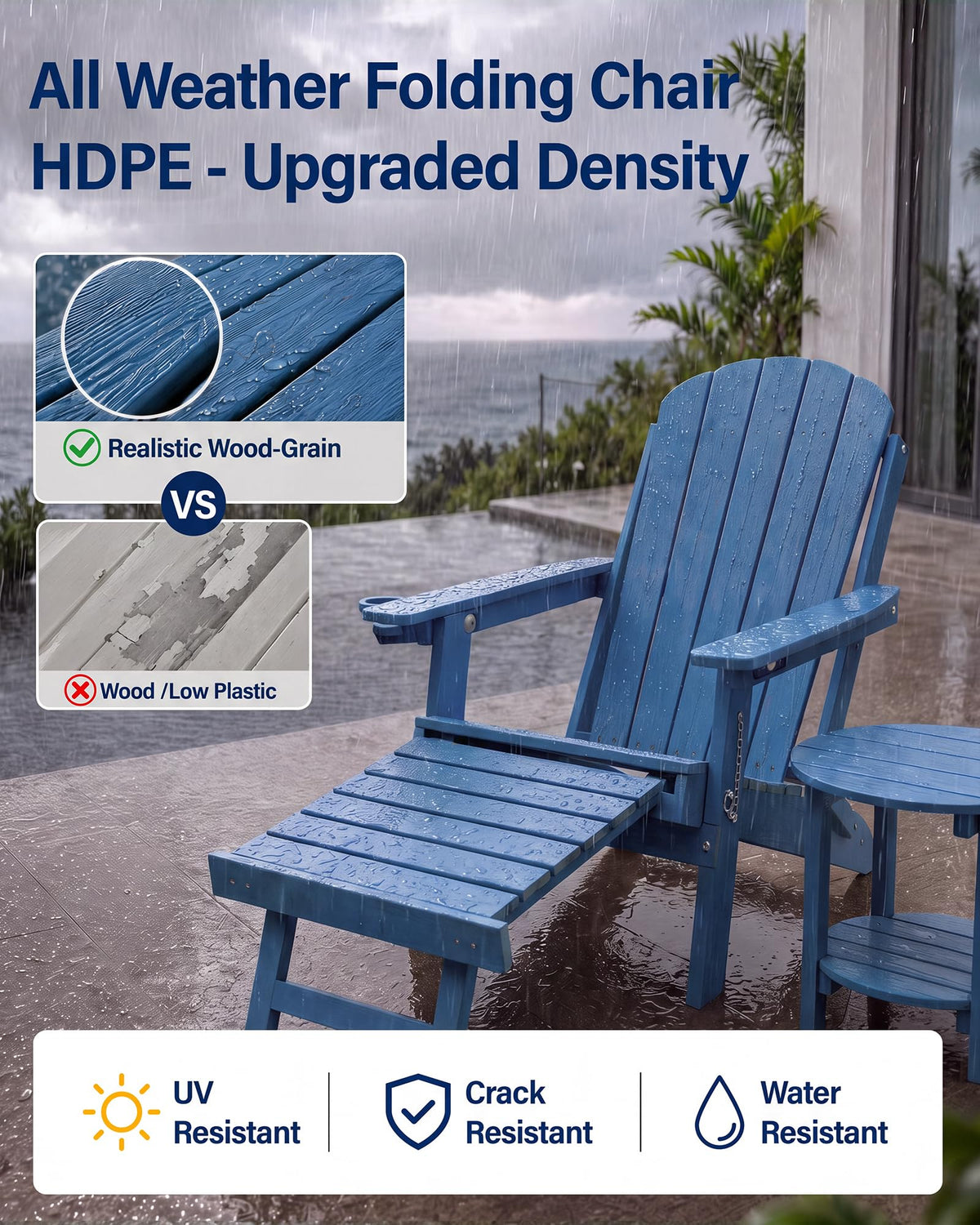 Blue HDPE Adirondack Chairs with Footrest Set of 4 Y8989