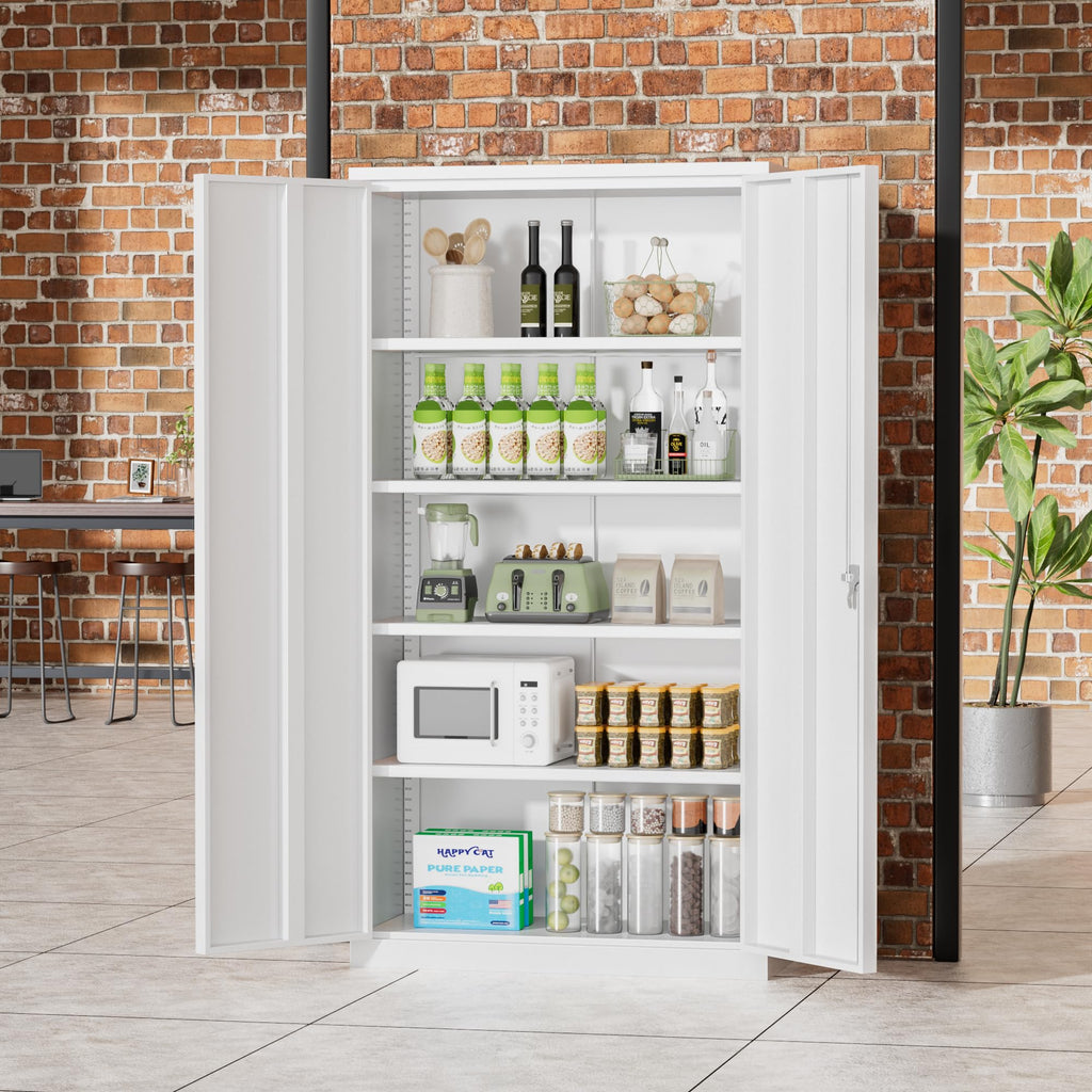 72" White Locking Metal Storage Cabinet with 4 Adjustable Shelves M676