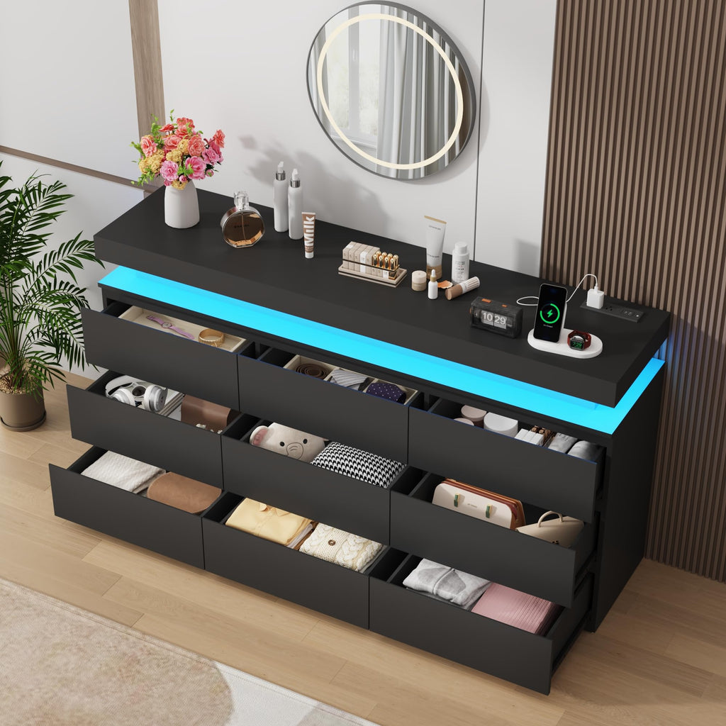 Black 9 Drawer Dresser with Power Outlet Q749