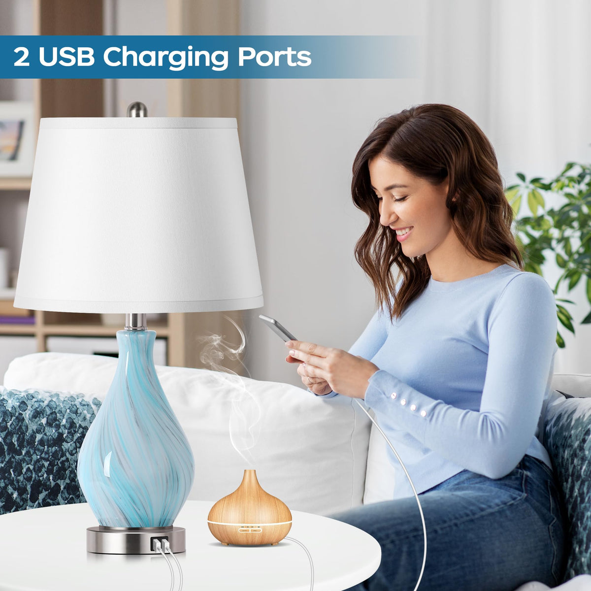 Set of 2 Touch Control Art Glass Table Lamp with USB Ports B223