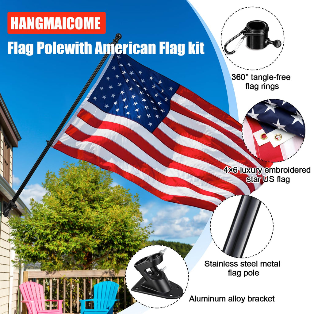 6FT Heavy Duty Tangle Free Flagpole Kit with 4x6FT Embroidered US Flag M46175