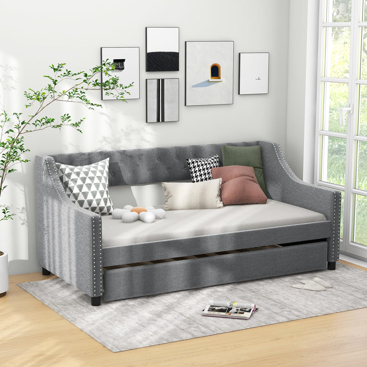 Upholstered Twin Daybed with Trundle Grey P177247