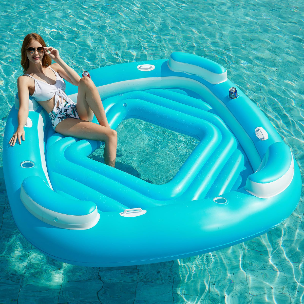 Blue XL Inflatable Pool Float with Cup Holders E720