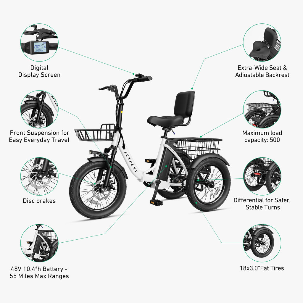 Electric Tricycle for Adults, 18"x3.0" Folding Step-Thru E Trike with 1200W Brushless Motor 48V 499.2Wh Removable Battery D439638