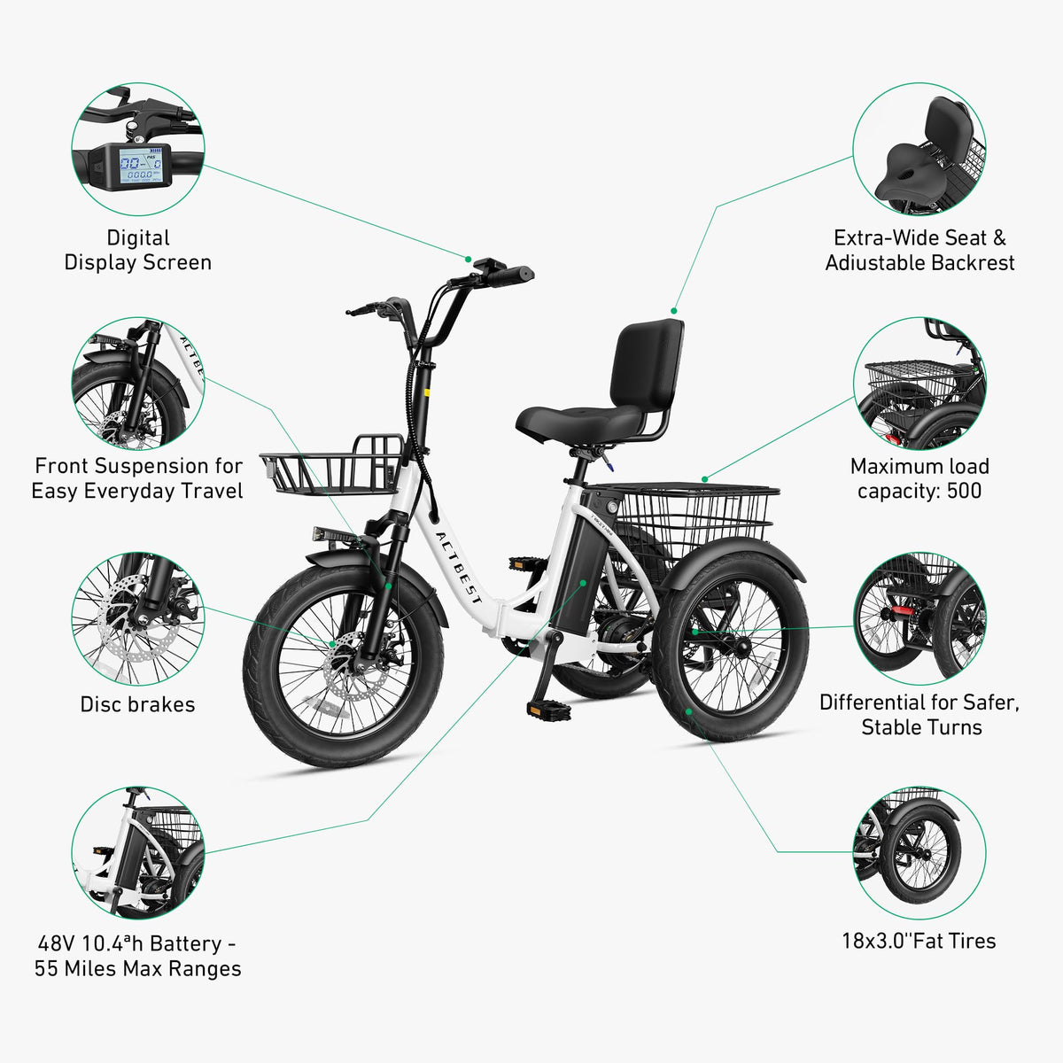 Electric Tricycle for Adults, 18"x3.0" Folding Step-Thru E Trike with 1200W Brushless Motor 48V 499.2Wh Removable Battery D439638