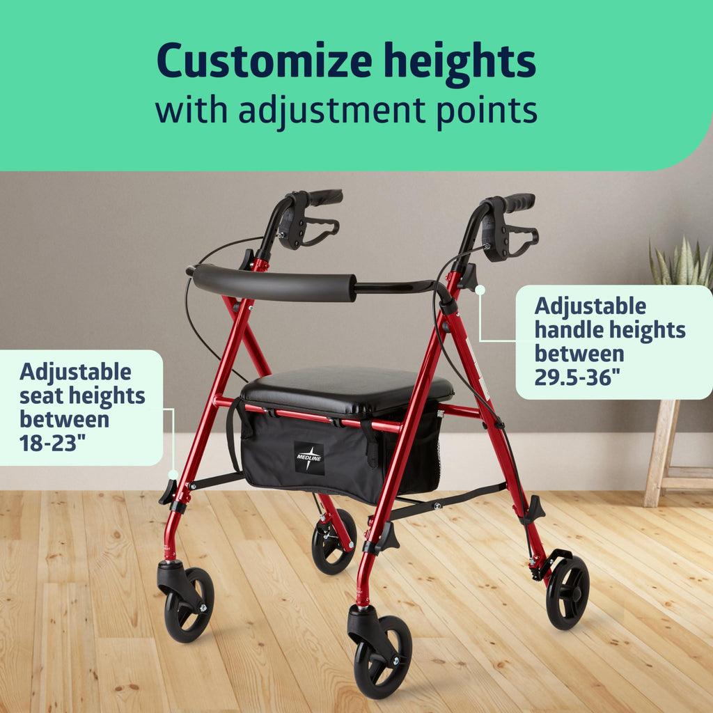 Lightweight Folding Aluminum Rollator Walker with 6-inch Wheels, Adjustable Seat and Arms, Burgundy Z4381