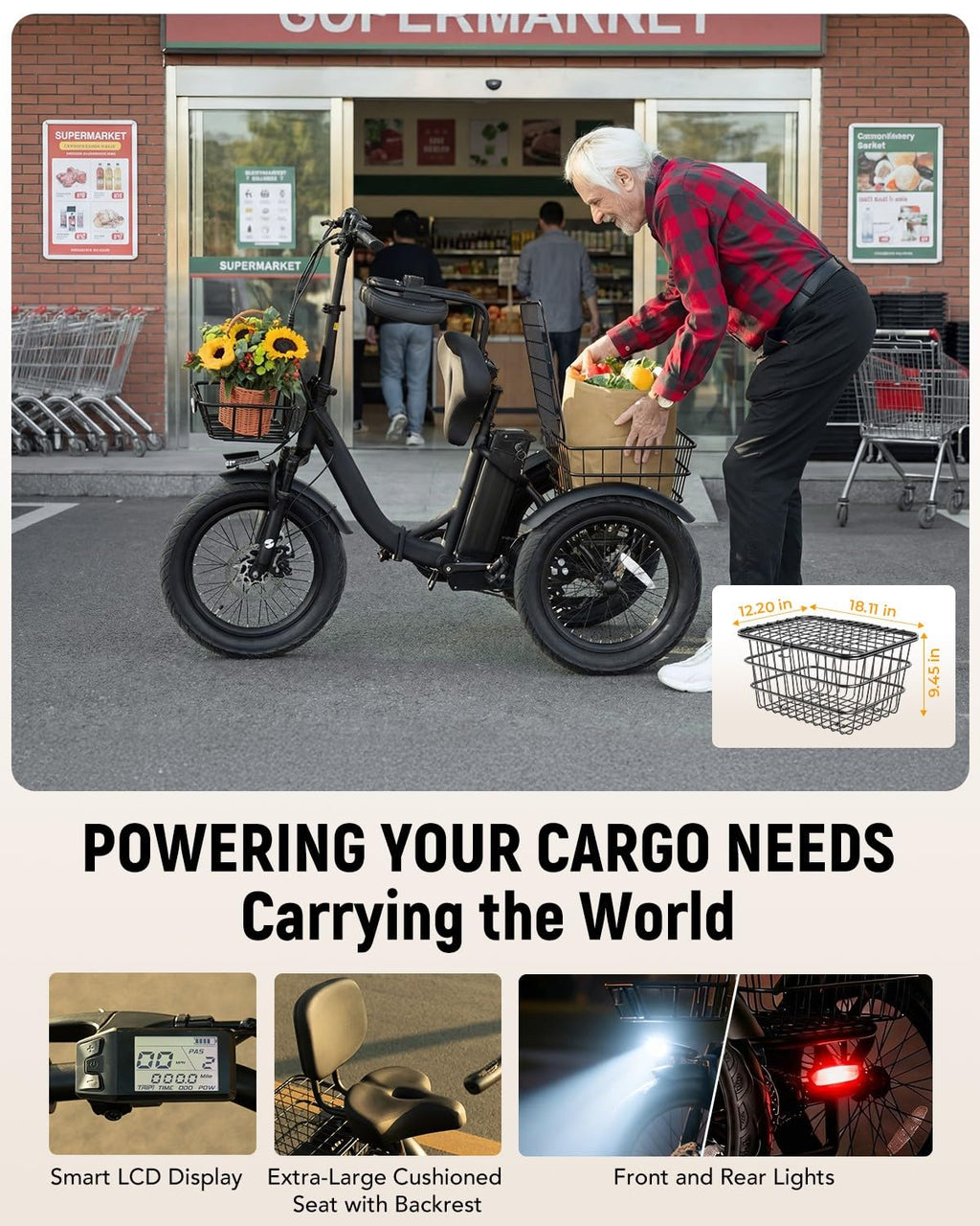 Electric Tricycle for Adults, 18"x3.0" Folding Step-Thru E Trike with 1200W Brushless Motor 48V 499.2Wh Removable Battery D439638