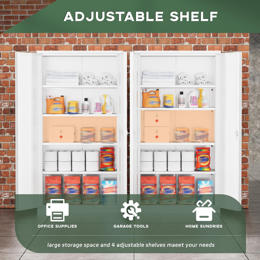 72" White Locking Metal Storage Cabinet with 4 Adjustable Shelves M676