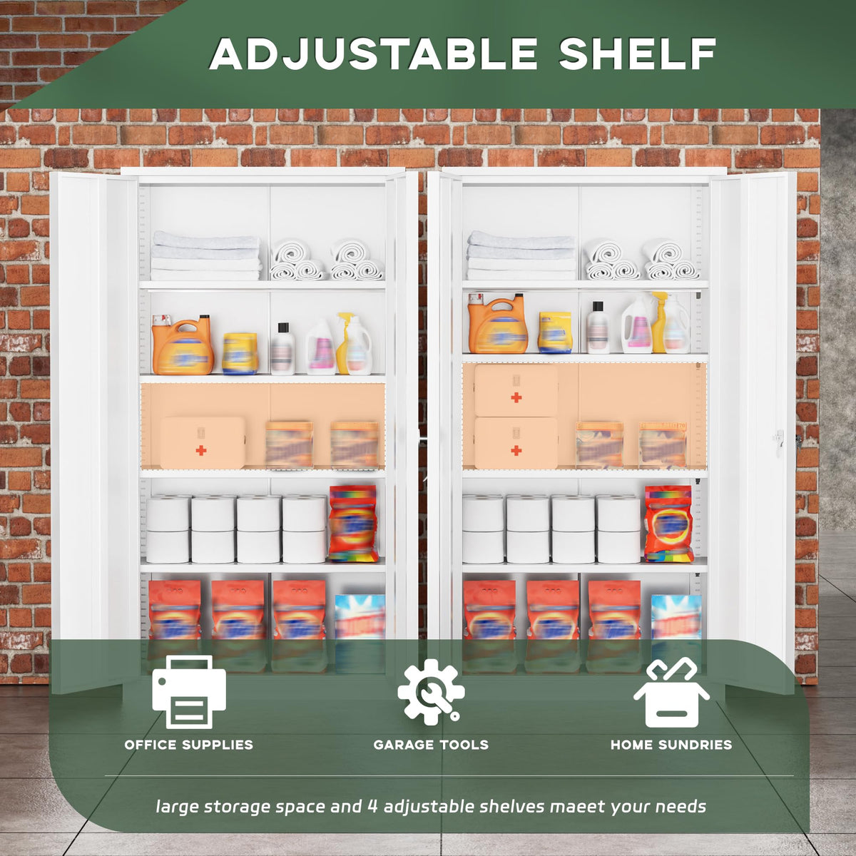 72" White Locking Metal Storage Cabinet with 4 Adjustable Shelves M676