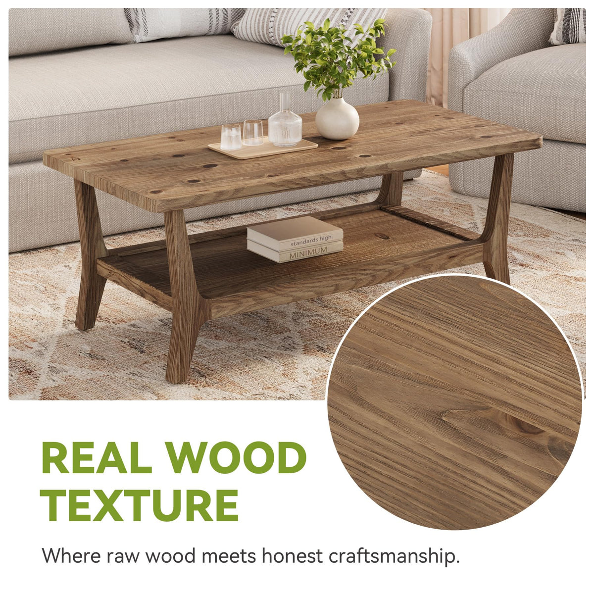 Solid Wood Coffee Table with Storage, 2-Tier Shelf T439