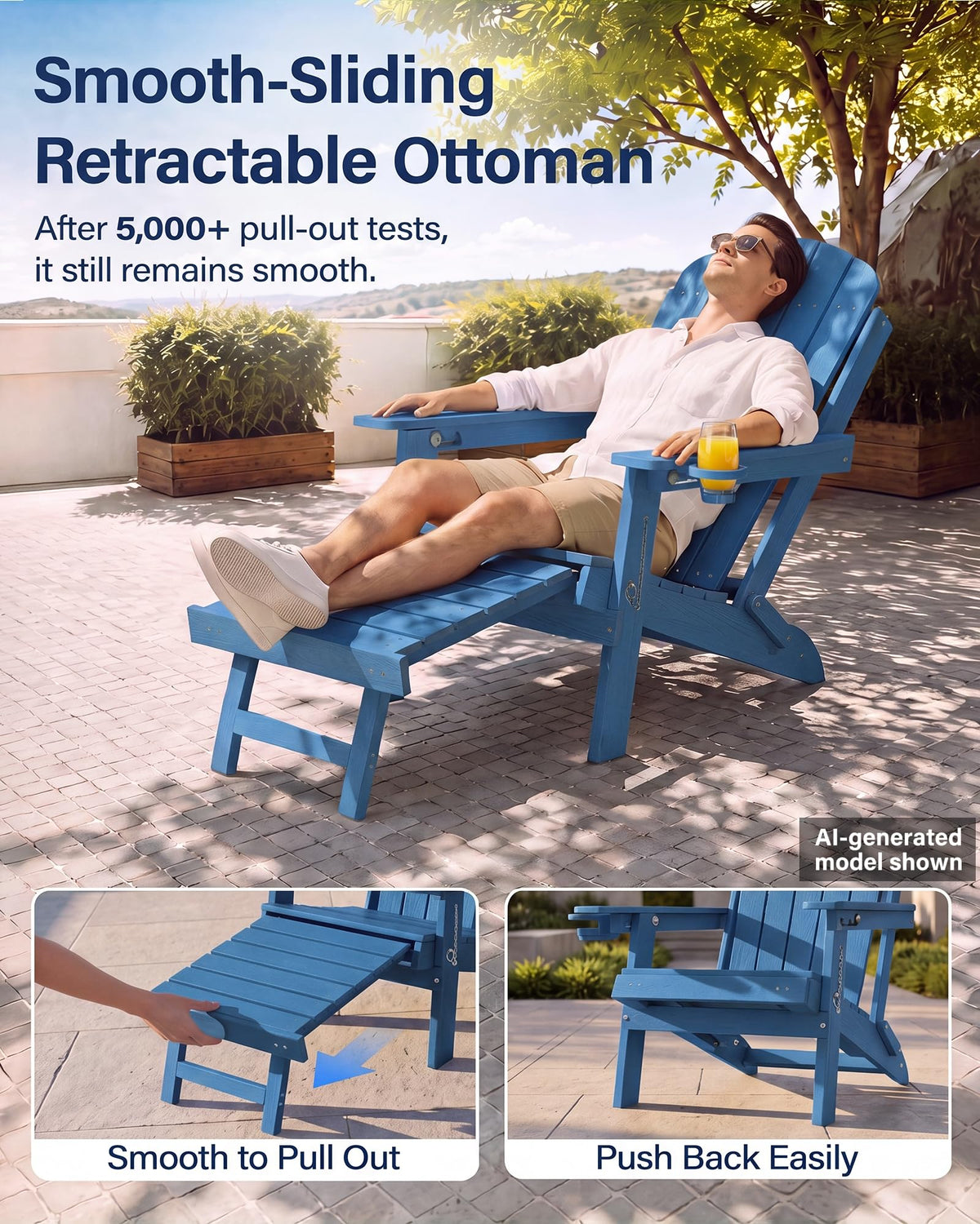 Blue HDPE Adirondack Chairs with Footrest Set of 4 Y8989