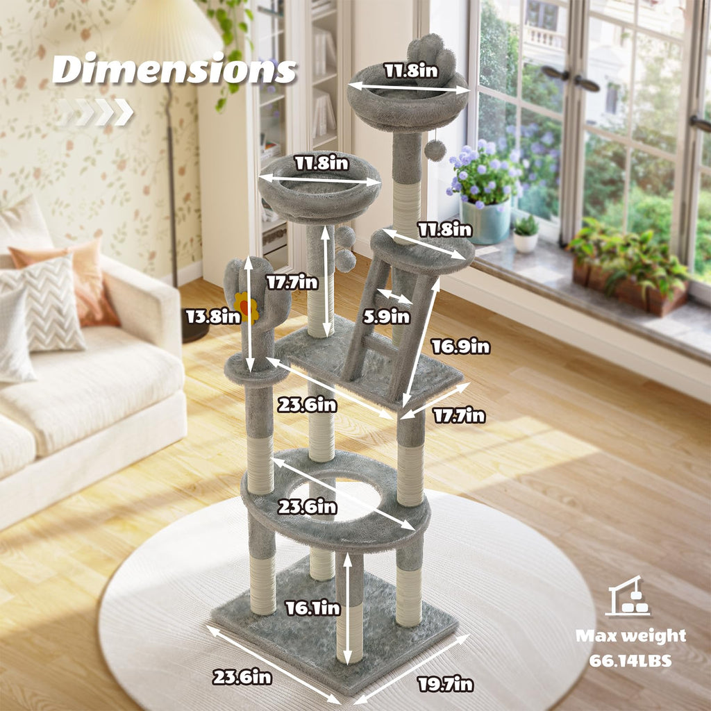 72in Gray Multi-Level Cat Tree with Transparent Capsule C526