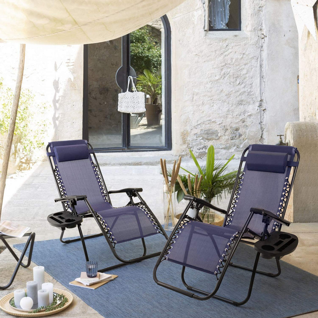 Blue Zero Gravity Folding Lounge Chairs Set of 2 with Cup Holder J853273