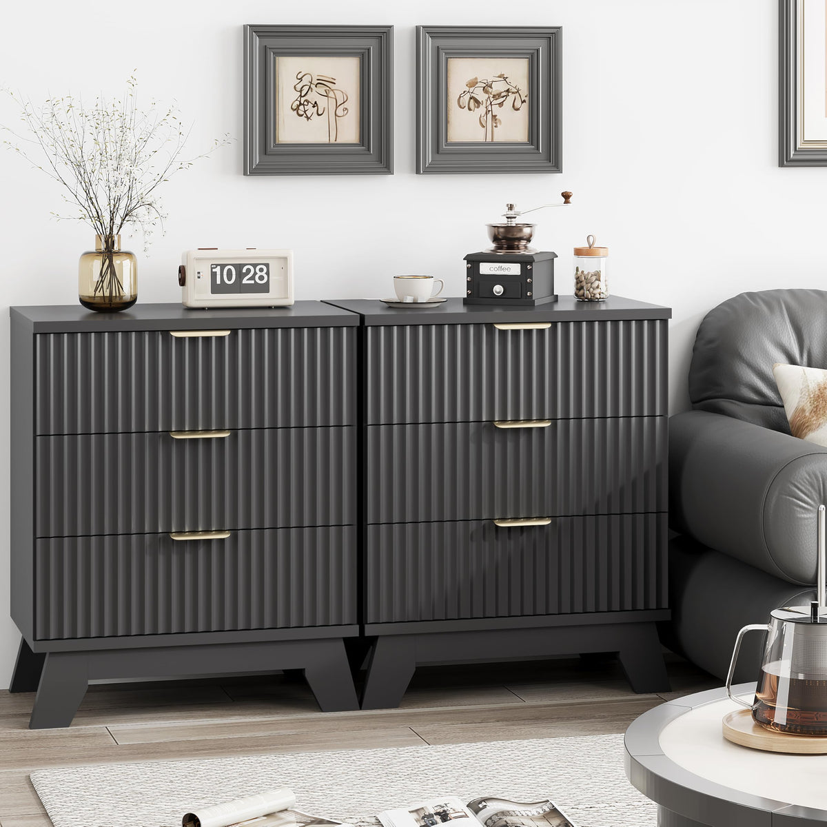 Black 3 Drawer Fluted Nightstand Y43519