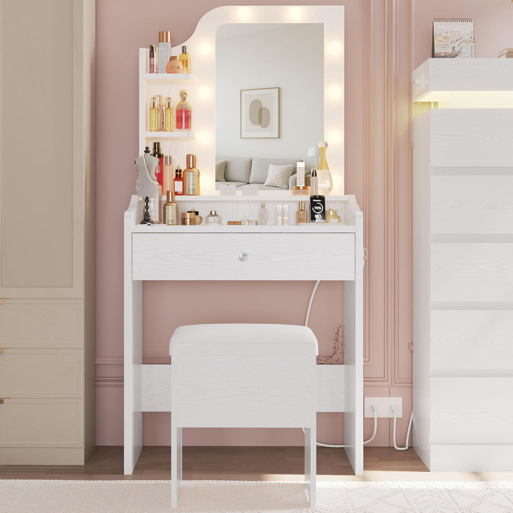 White Vanity Desk with Mirror and Storage Stool U70160