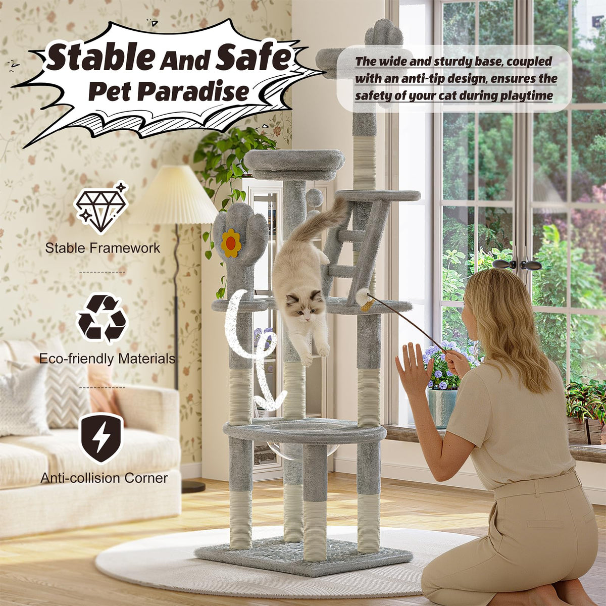 72in Gray Multi-Level Cat Tree with Transparent Capsule C526