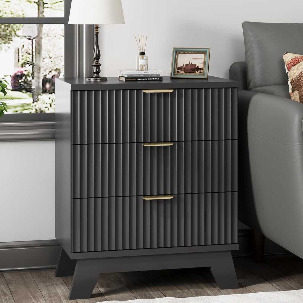 Black 3 Drawer Fluted Nightstand Y43519