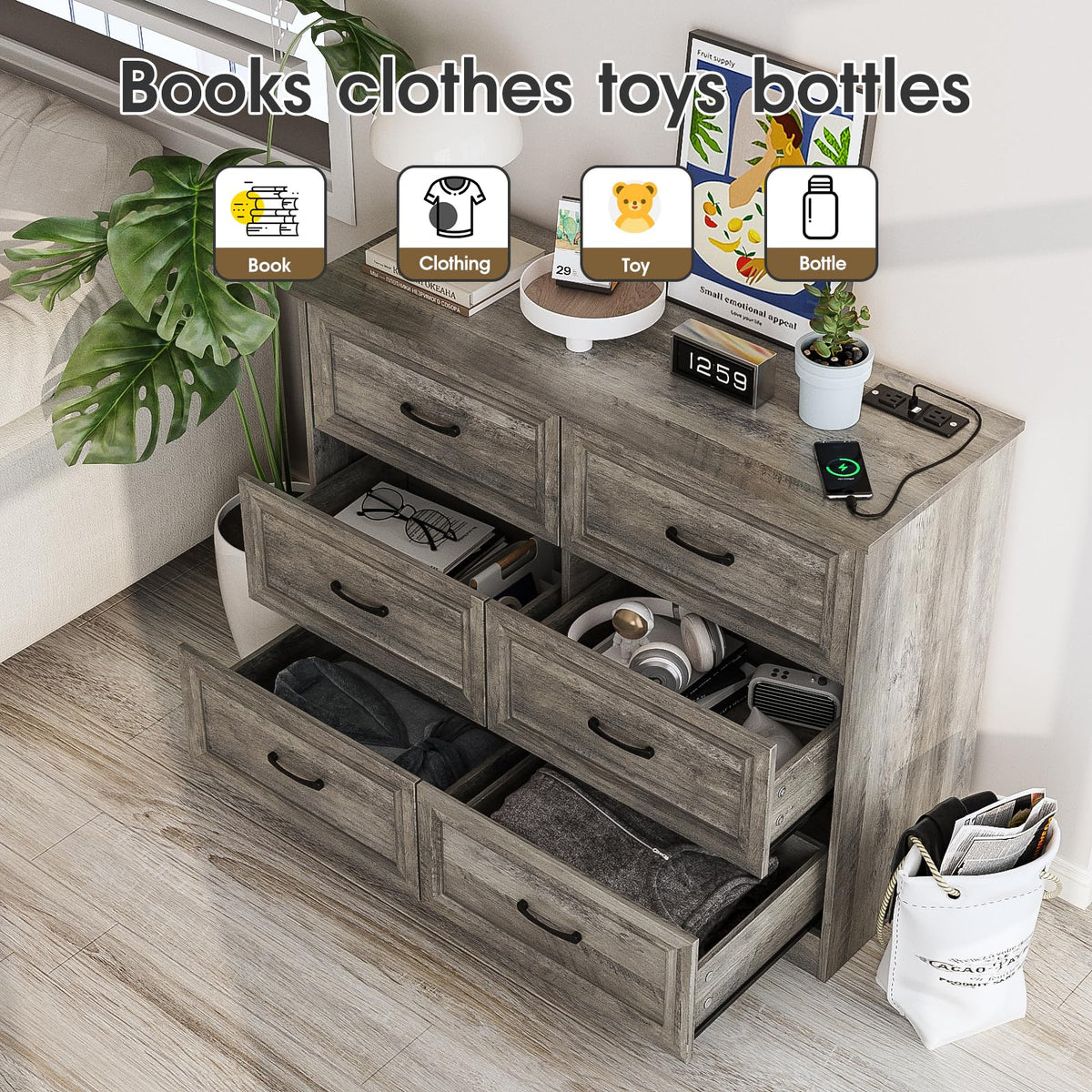 Ash Grey 6 Drawer Wood Dresser Q1951