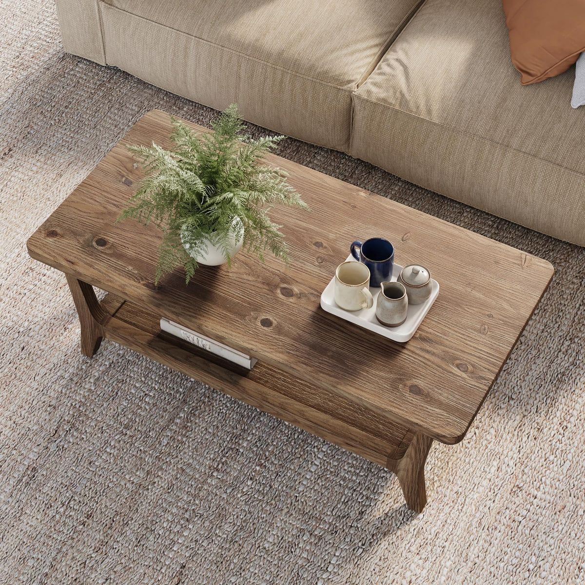Solid Wood Coffee Table with Storage, 2-Tier Shelf T439