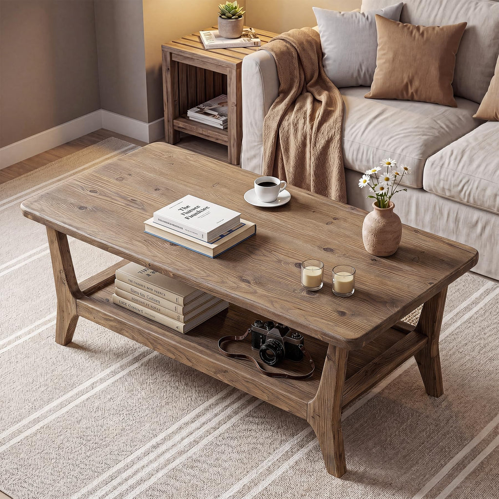 Solid Wood Coffee Table with Storage, 2-Tier Shelf T439