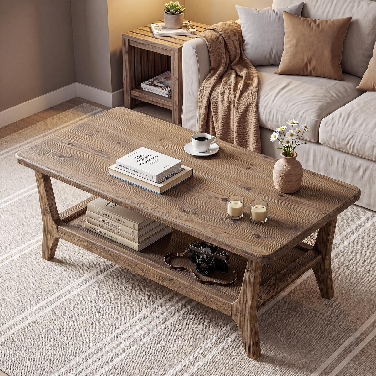 Solid Wood Coffee Table with Storage, 2-Tier Shelf T439