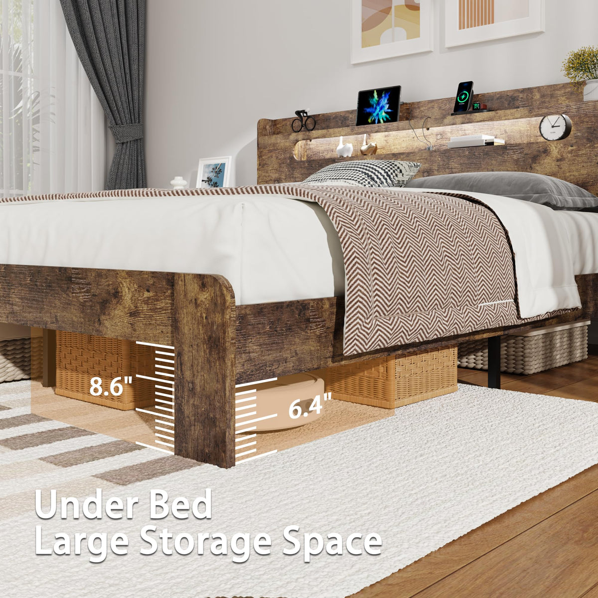 Queen Size Wood Bed Frame with Storage Headboard F931