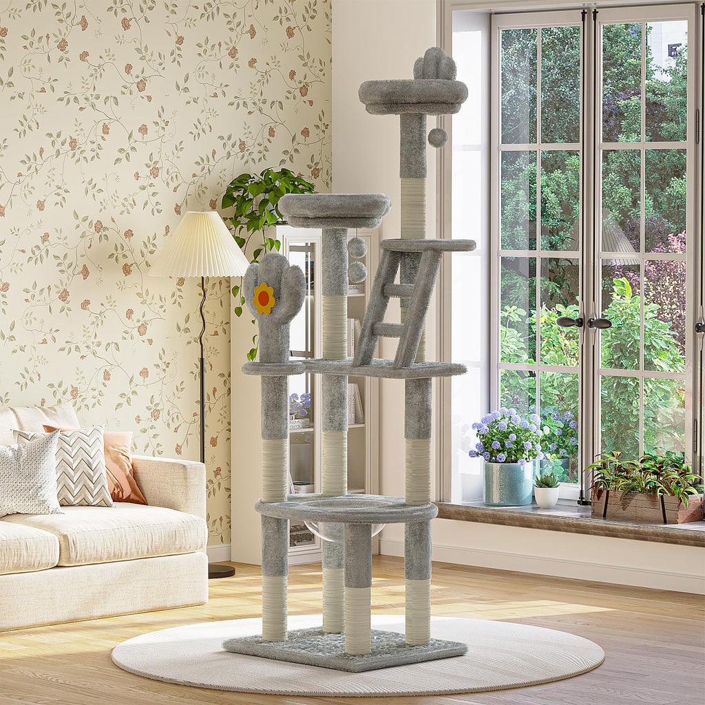 72in Gray Multi-Level Cat Tree with Transparent Capsule C526