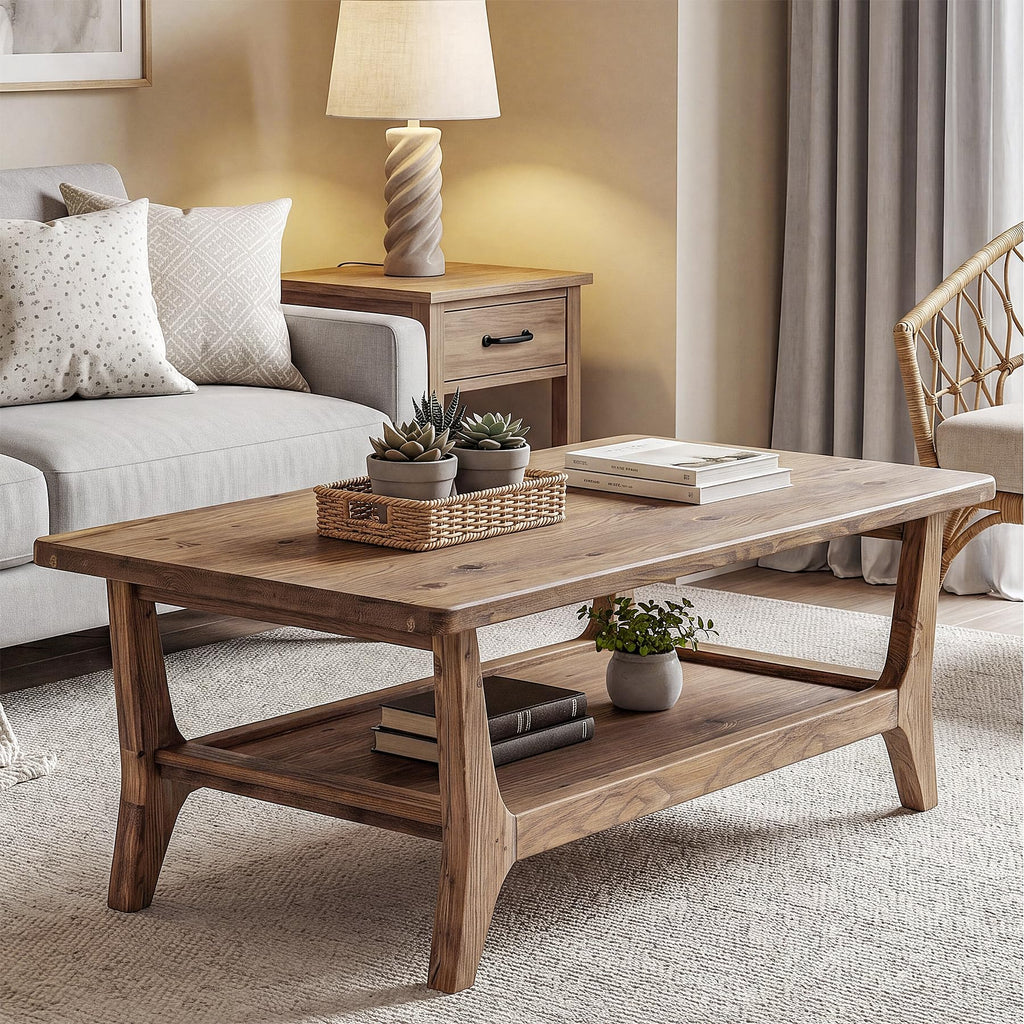 Solid Wood Coffee Table with Storage, 2-Tier Shelf T439