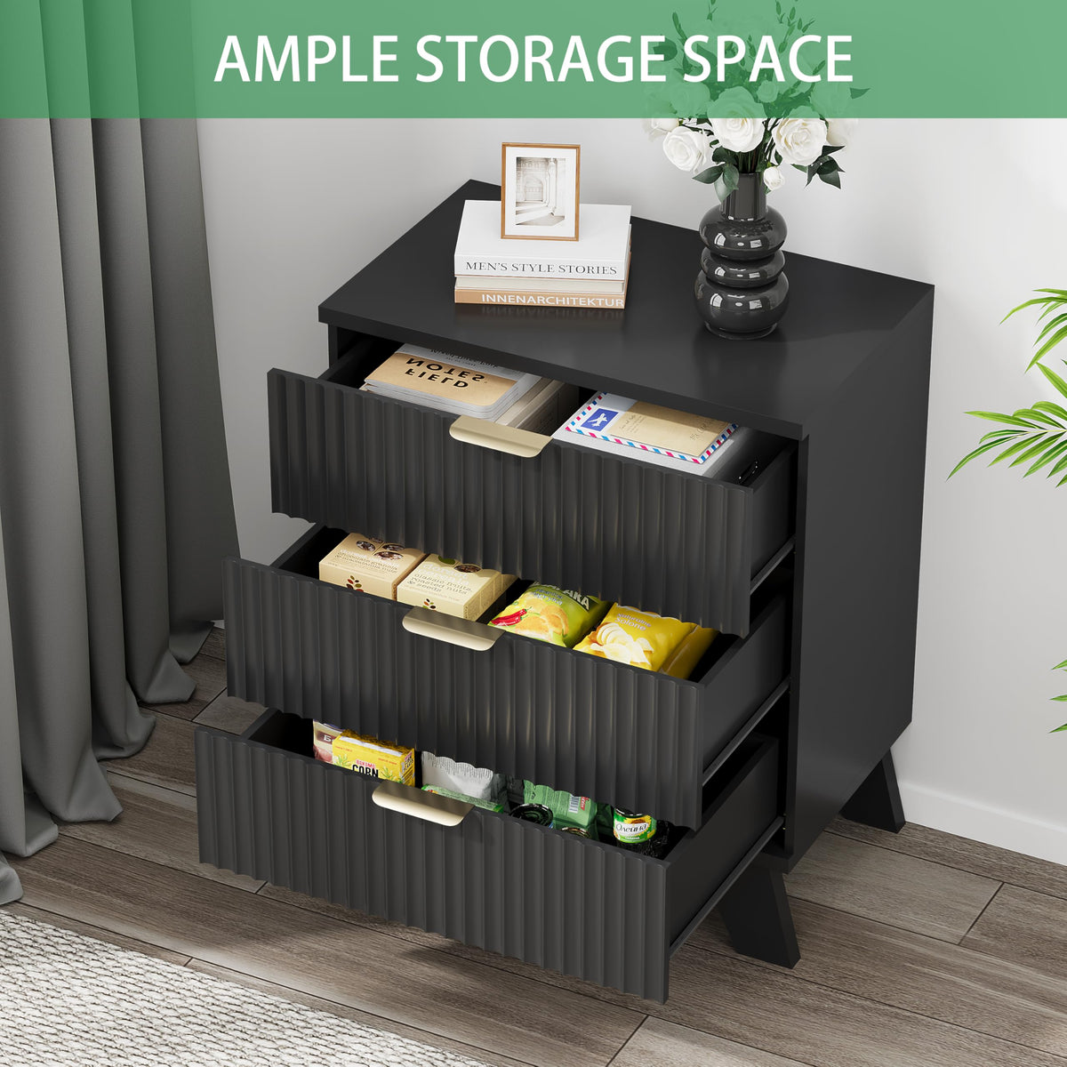 Black 3 Drawer Fluted Nightstand Y43519
